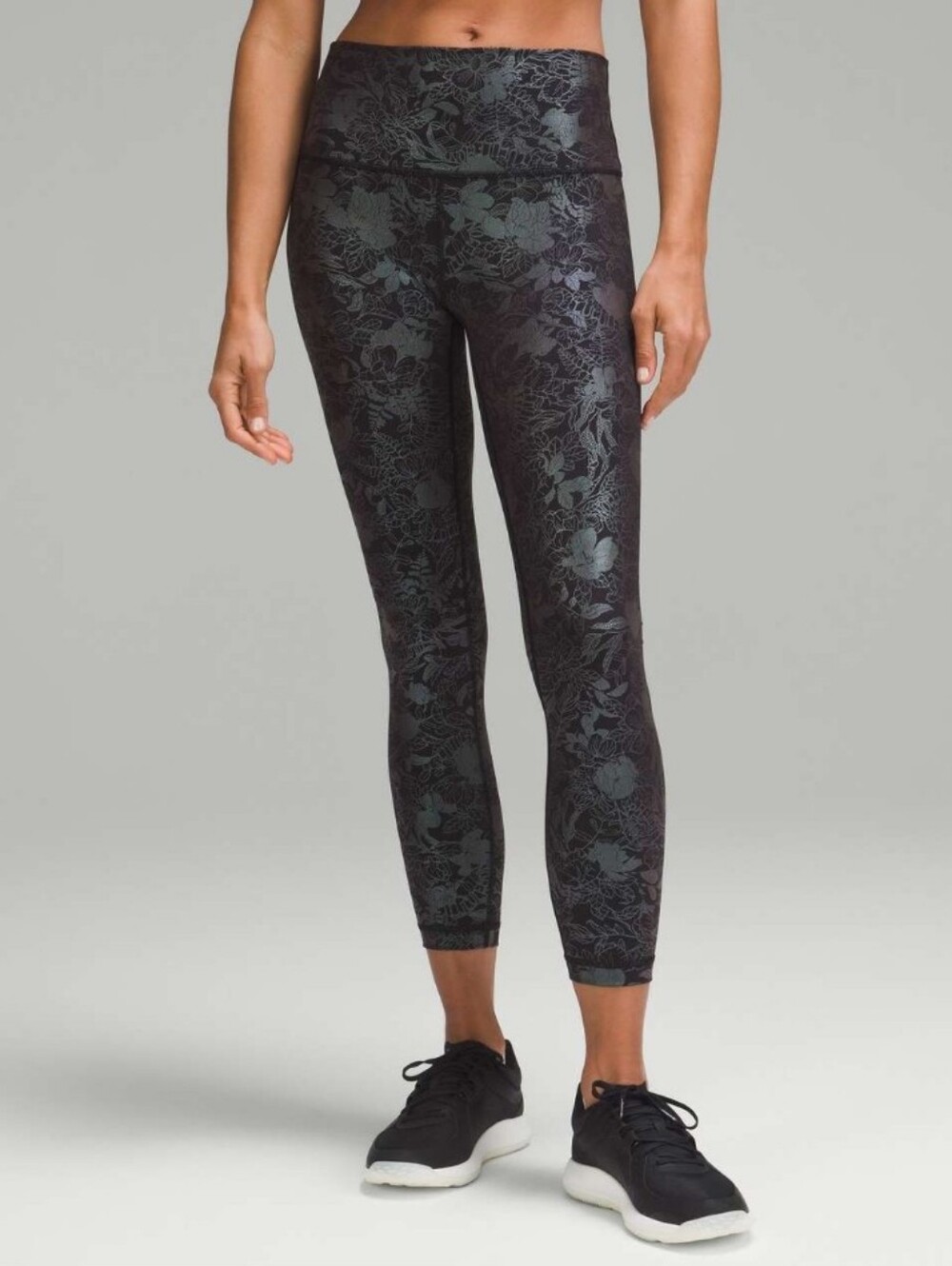 🌿lululemon Black Foil Wunder Under Shine Floral Print Leggings, Size 0 ~ EUC